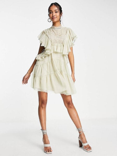 ASOS DESIGN tiered soft mini dress with lace applique bodice and ruffle detail in stone