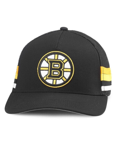 Men's Black Boston Bruins HotFoot Stripes Trucker Adjustable Hat