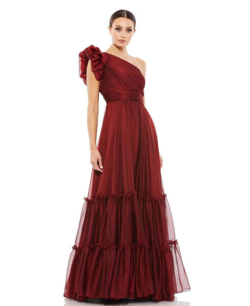 Women's Ruffled One Shoulder Tiered Chiffon Gown