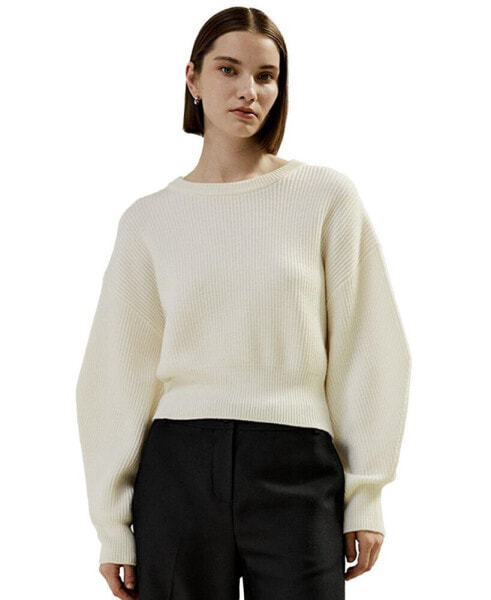 Round Neck Drop-Shoulder Merino Wool Sweater for Women