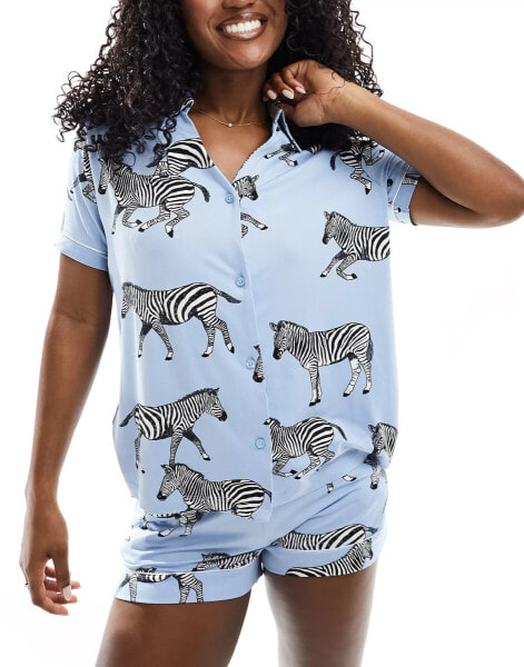 Chelsea Peers zebra print poly v-neck short pyjama set in blue