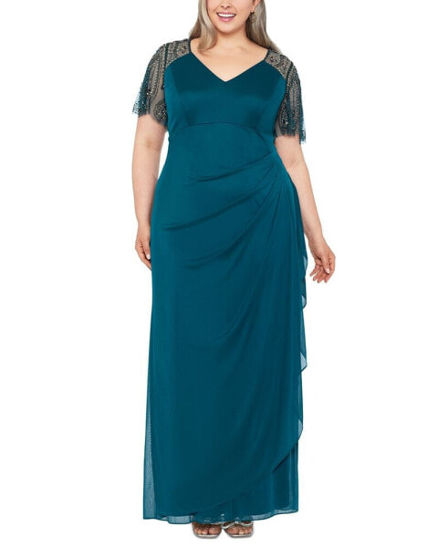 Plus Size Embellished Sheer Matte Jersey Gown