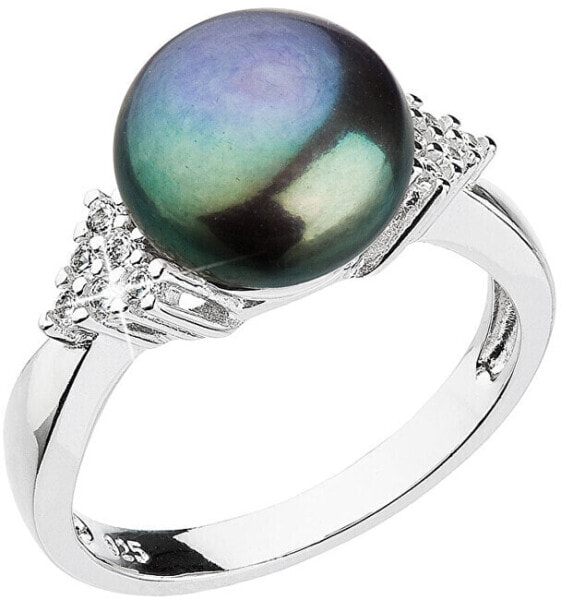 Silver ring with dark river pearl and zircons 25002.3