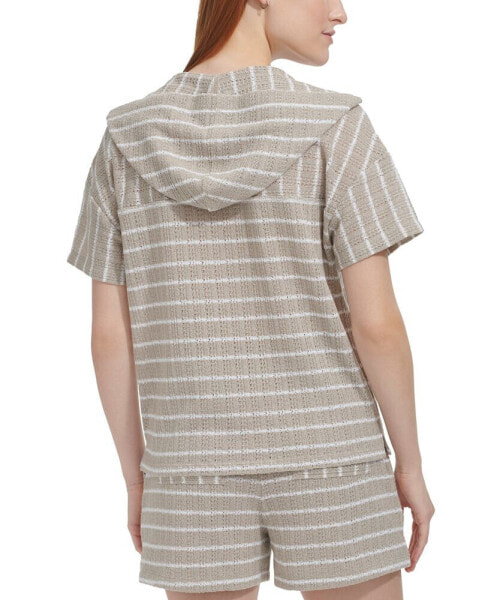 Women's Striped Pointelle Knit Hooded Top