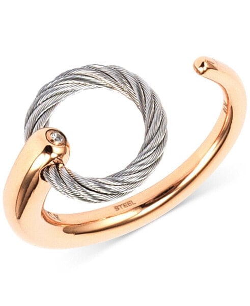 White Topaz Accent Two-Tone Circle Cuff Ring in Stainless Steel and Rose Gold-Tone PVD Stainless Steel