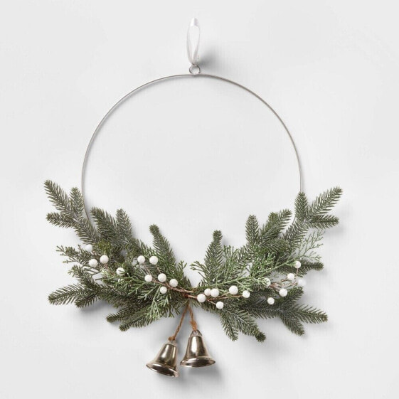 Wondershop Christmas Wreath 22in Unlit Silver Hoop Greenery with Bell Artificial