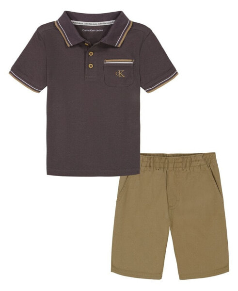 Little Boys Tipped Pique Short Sleeve Polo Shirt and Twill Shorts, 2 Piece Set