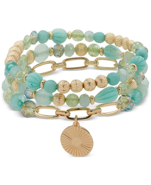 Gold-Tone 3-Pc. Set Blue Multi Bead Stretch Bracelet