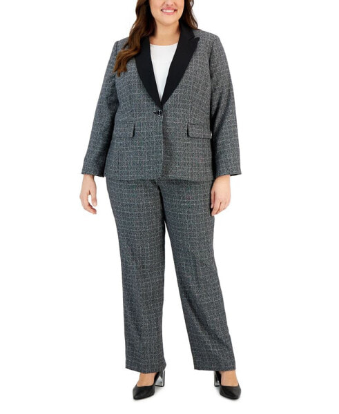 Plus Size Contrast-Collar Windowpane Check Pantsuit