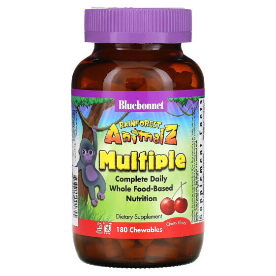 Детский витамин Bluebonnet Nutrition, Rainforest Animalz, с полноценным питанием Whole Food-Based, вишневый, 180 таблеток для жевания