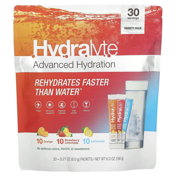 Hydralyte, Advanced Hydration, Variety Pack, апельсин, клубничный лимонад, лимонад, 30 пакетиков по 6 г (0,21 унции)