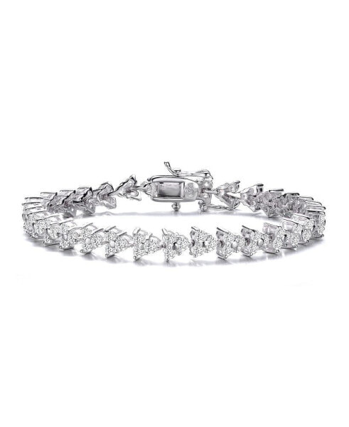 Sterling Silver with Rhodium Plated Clear Round Cubic Zirconia 3-Stone Triangular Link Bracelet