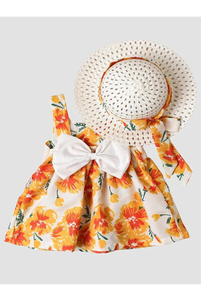Kidex's Çiçek Desenli Fiyonklu Şapkalı Kız Bebek Elbise