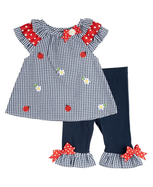 Baby Girls Lady Bug and Daisy Seersucker Outfit with Diaper Cover, 2 Piece Set