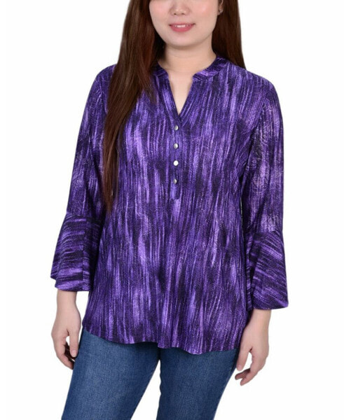 Women's 3/4 Bell Sleeve Pleat Front Y-neck Top