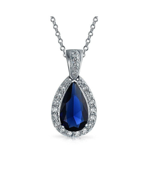 Classic Bridal Jewelry Pear Shape Solitaire Teardrop Halo AAA 15CT CZ Simulated Blue Sapphire Pendant Necklace Prom Bridesmaid Wedding Rhodium Plated