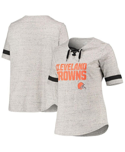 Women's Heathered Gray Cleveland Browns Plus Size Lace-Up V-Neck T-shirt