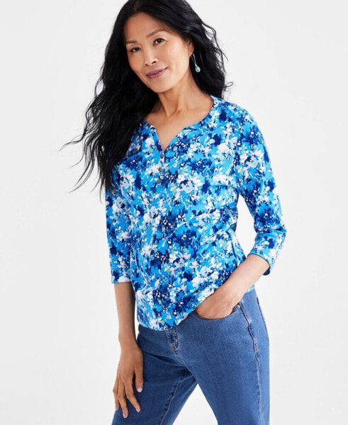 Women's Printed 3/4-Sleeve Henley Tee, Created for Macy's