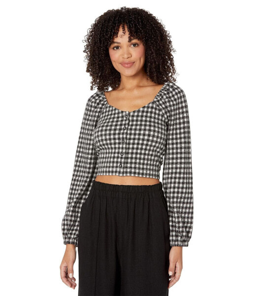 Топ Madewell Gingham Puff Sleeve Button Front Crop