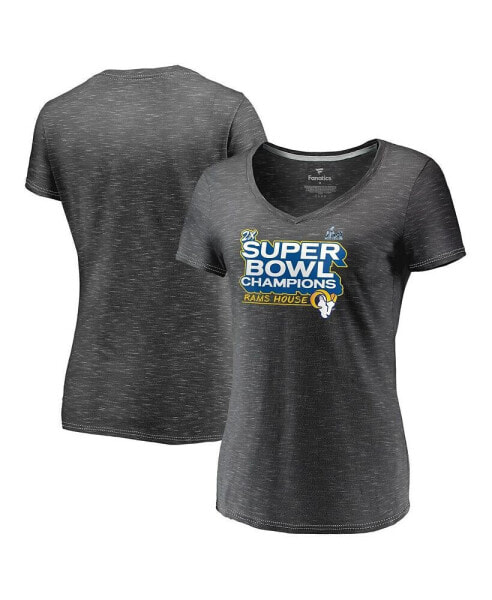 Women's Heather Charcoal Los Angeles Rams Super Bowl LVI Champions Parade V-Neck T-shirt