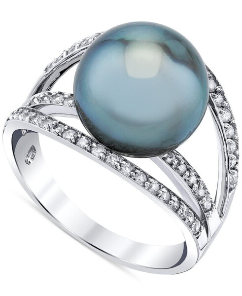 Cultured Tahitian Pearl (11mm) & Diamond (1/2 ct. t.w.) Openwork Statement Ring in 14k White Gold