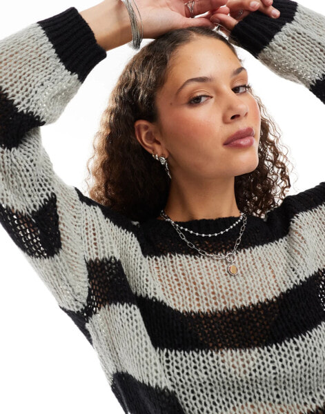 Noisy May open knit jumper in black and grey stripe