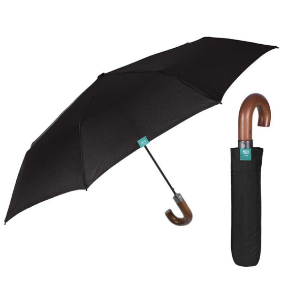 PERLETTI 58/8 Automatic 3 Sect Black + Wooden Curved Handle Umbrella