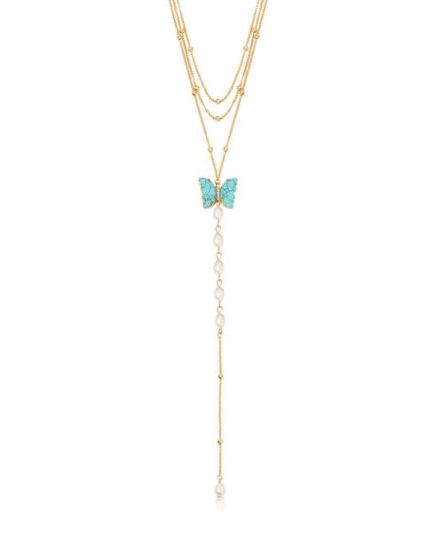 Turquoise Butterfly Cultivated Pearl Chain Lariat Necklace