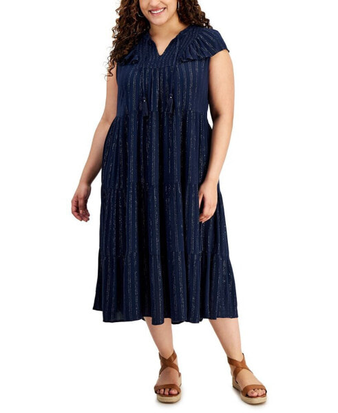 Stye & Co Plus Size V-Neck Short-Sleeve Ruffle Shine Dress, Created for Macy's