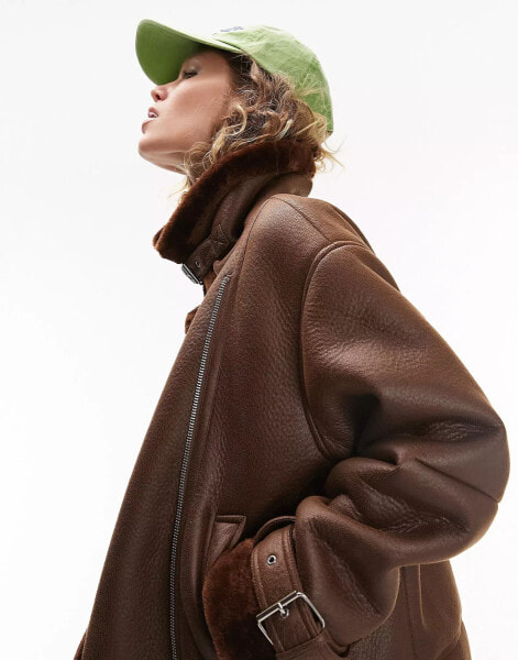 Topshop faux leather shearling aviator biker jacket in chocolate