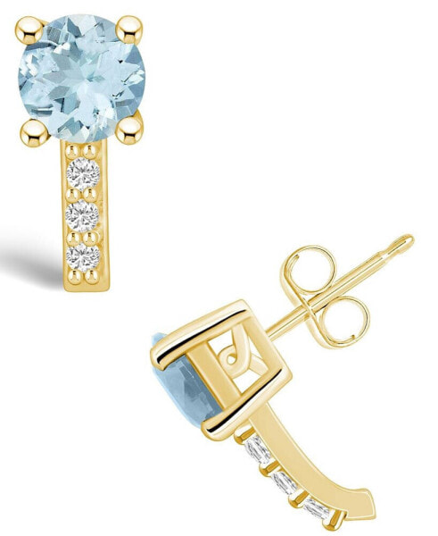 Aquamarine (1-1/2 ct. t.w.) and Diamond (1/8 ct. t.w.) Stud Earrings in 14K Yellow Gold