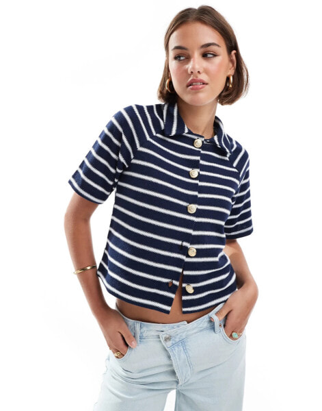 ASOS DESIGN short sleeve cardigan in navy and white stripe