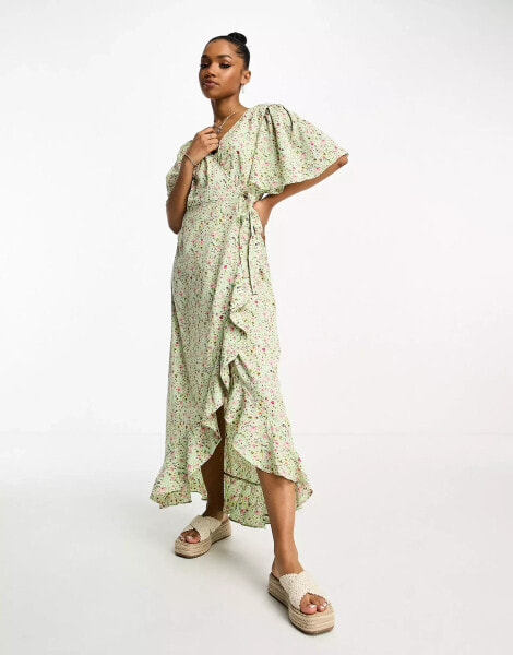 Vero Moda wrap front maxi tea dress in green floral