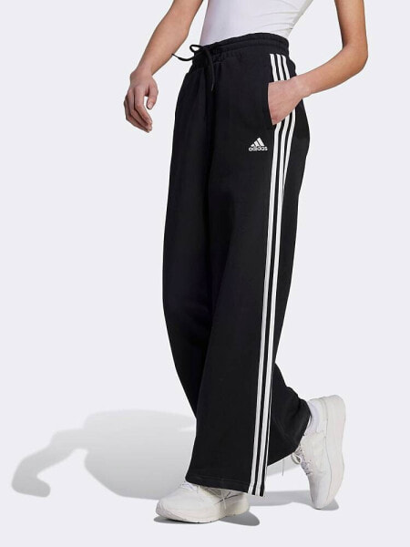 adidas Essentials 3-Stripes French Terry Wide Joggers in Black