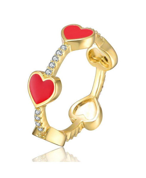 Kids Sterling Silver 14k Gold Plated with Cubic Zirconia Enamel Heart Stacking Ring