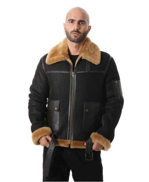 Men's Shearling Belted Pilot Jacket, Washed Brown with Ginger Wool