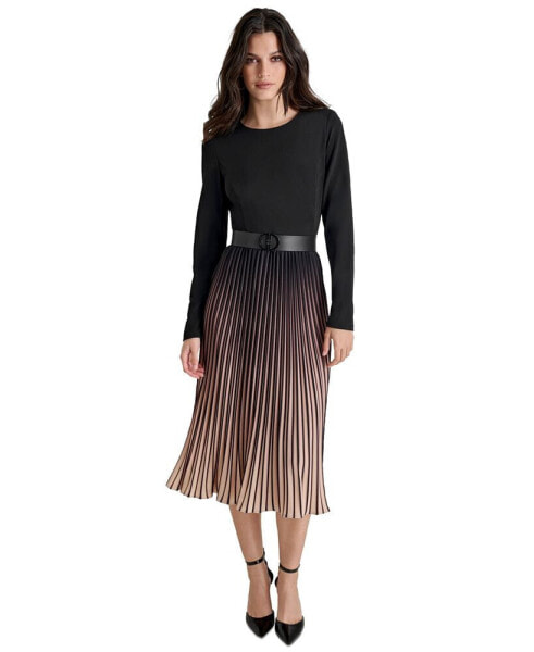 Women's Ombré Belted Pleat-Skirt Long-Sleeve Dress