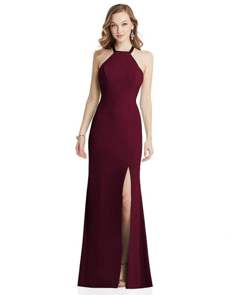 High-Neck Slit-Front Halter Dress