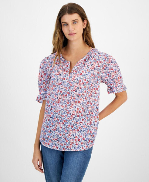 Women's Cotton Floral-Print Ruffled-Cuff Top