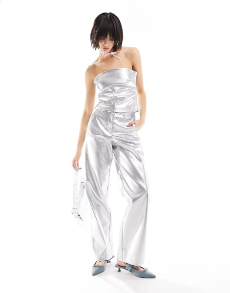 JJXX co-ord wide leg metallic trouser in silver