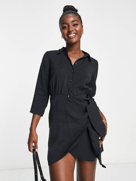 New Look wrap front shirt dress in black