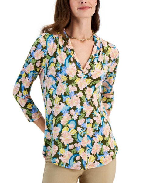 Women's Printed V-Neck 3/4 Sleeve Top, Created for Macy's