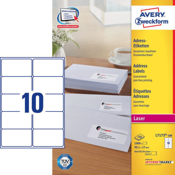 Avery Zweckform L7173-100 - White - Rounded rectangle - Permanent - DIN A4 - Paper - Laser