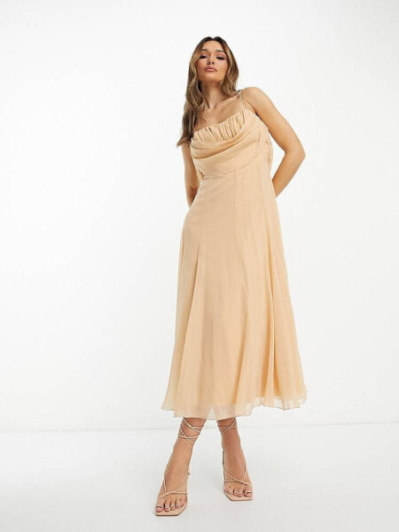 ASOS DESIGN corset midi dress with soft cowl front in warm tan