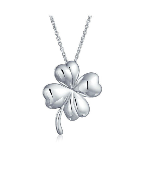 Good Luck Fortune Irish Shamrock Shape Lucky Charm Four Leaf Clover Pendant Necklace For Women Teen Polished .925 Sterling Silver
