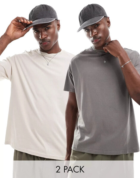 Another Influence 2 pack boxy fit t-shirts in dark grey & stone