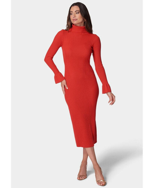 Women's Bell Sleeve Turtleneck Midi Dress