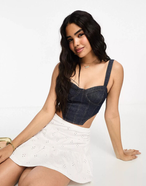 Miss Selfridge contrast stitch denim corset bralet top in indigo