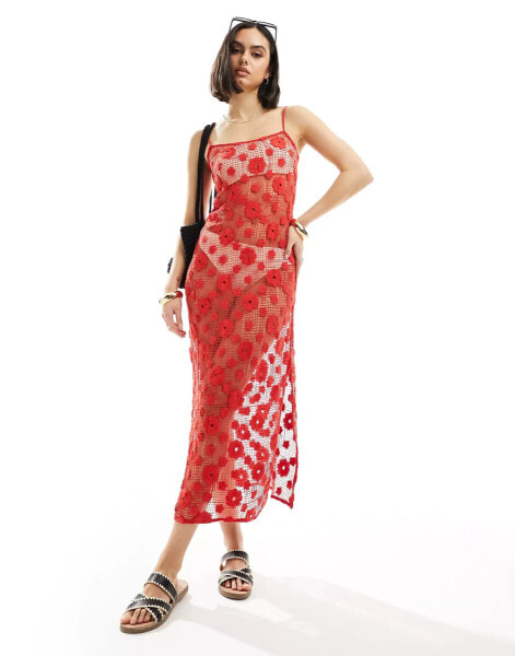 Cotton On maxi cami dress in summer red crochet