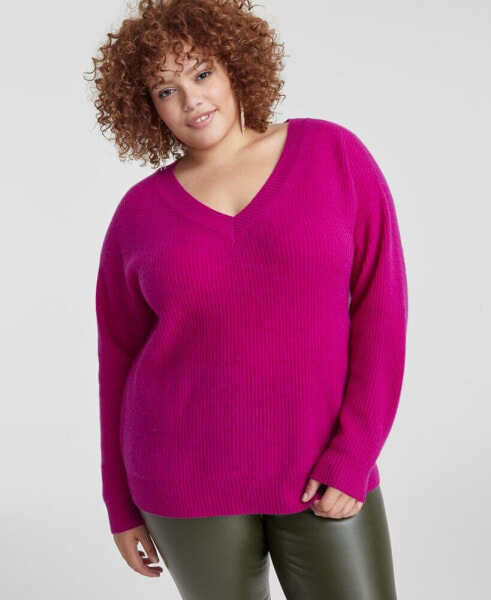 Plus Size Cashmere Rib-Knit Relaxed-Shoulder Sweater, Created for Macy's